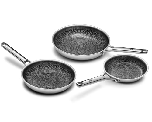 Nonstick Frying Pan Set, Non-Toxic Tri-Ply Hybrid Ceramic Skillet 3 Piece, 8, 10 & 12 Inch Stainless Steel Pans, PFAS/PFOA/PTFE Free, Metal Utensil Safe, Dishwasher & Oven Safe, Upgraded Version