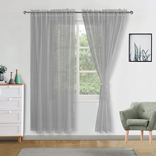 DWCN Grey Voile Curtains 72 Drop Pair Slot Top Window Net Curtain Light Filtering Semi Transparent Elegant Soft Sheer Curtains with Tiebacks for Living Room/Bedroom/Kitchen,56 Inch Wide,2 Panels