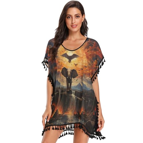 Oil Paintings Sunset Elephant Women's Beach Cover Up Chiffon Tassel Swimwear Swimsuit Coverups for Girl