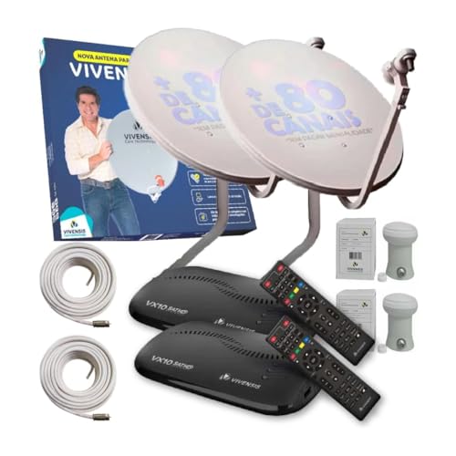 Kit Completo Vivensis, Receptor Satélite SATHD VX10, 2 Antenas Banda Ku 60cm, 2 LNBFs Simples, 2 Cab