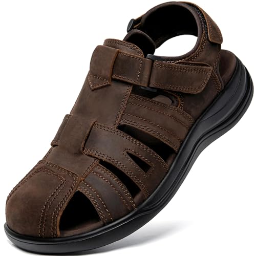 Image of Boveshorn Mens Fisherman Leather Closed Toe Sandals Walking Dress Casual Sandalias Whith Memory Foam Summer Outdoor Athletic Adjustable Comfortable Brown