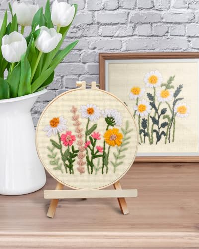 Image of ERKOON Punch Needle Kit Adults Beginners, 2 Pcs DIY Easy Flower Embroidery Set for Starter Art Craft, Needling Punching Project with Patterns, Tools, Yarns, Hoop, Instruction (Daisies)
