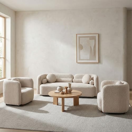 Image of Curved Sofa Set for Living Room, Upholstered Boucle Fabric 3-Seater Minimalist Sofas Couches + Oversized Chair with Throw Pillows Modern Sofa Set of 3 Piece Couch Set Bedroom Office Apartment Beige
