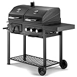 VonHaus Hybrid Dual Fuel BBQ – 2 in 1 Charcoal & Gas Barbecue with Warming Rack, Fold Down Shelf, Temperature Gauges, Wheels, Large Cooking Grills – Barbeque and Smoker – Grill Meat, Fish & Vegetables
