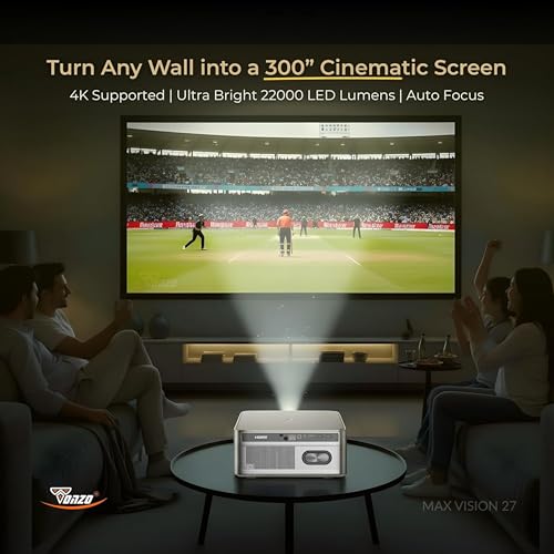 Image of TONZO Max Vision 27 Native 1080P Smart Projector, 4K Supported 22000 Lumens, 300 inch Large Display, Auto Focus, 6D Keystone 3D Glasses, Android 11 (2GB /32GB), WiFi 6 & BT 5.4, OTT Apps, Dual 10W Speakers