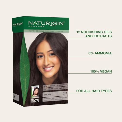 Image of Naturigin Permanent Hair Color, 2.3 Ebony Black, Ammonia Free, 100% Gray Coverage, Nourishing Natural Formula, For All Hair Types, Long-Lasting, Vegan & Cruelty-Free, 1 Pack