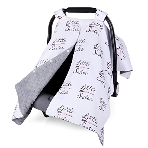 Image of Rquite Car Seat Cover Baby, Carseat Covers Girls, Minky Infant Car Seat Cover Winter, Peekaboo Opening Car Seat Canopy, Multi-use Baby Carrier, Stroller, Nursing Cover, Minky Blanket, Little Sister