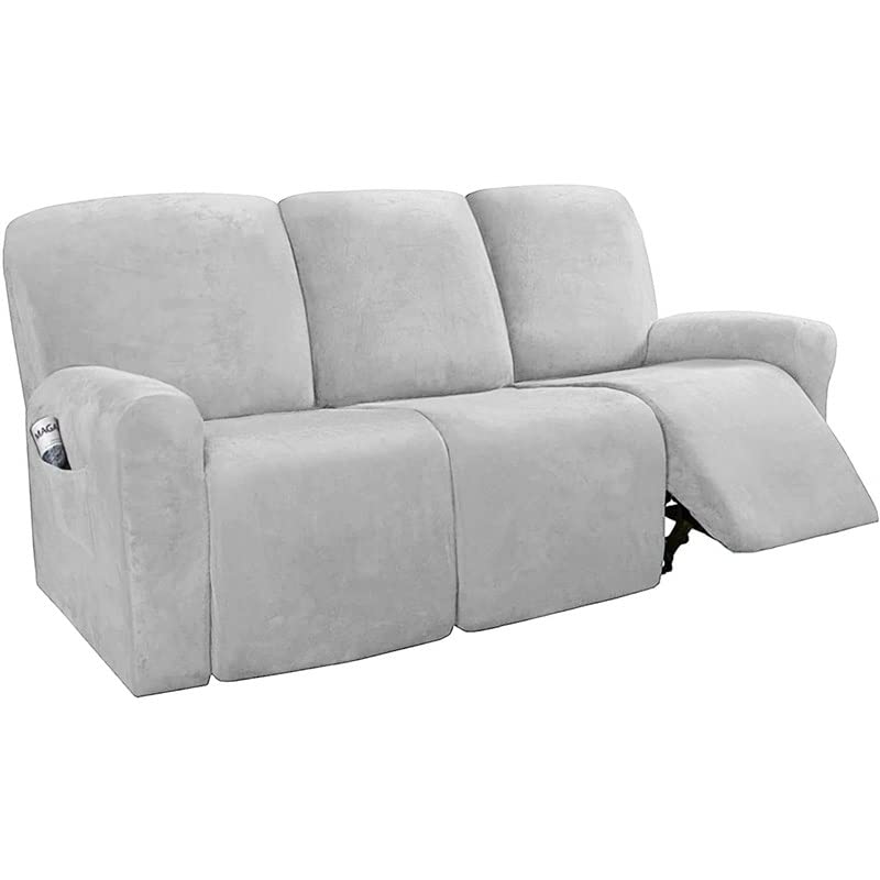 Housse fauteuil relax 3 places extensible en velours gris clair