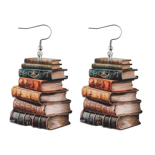 Handmade Wooden Stackable Book Dangle Earrings Lightweight Teacher Student Stack of Books Reading Earrings for Women Librarian Teachers Appreciation Day Gifts Graduation Back to School Jewelry