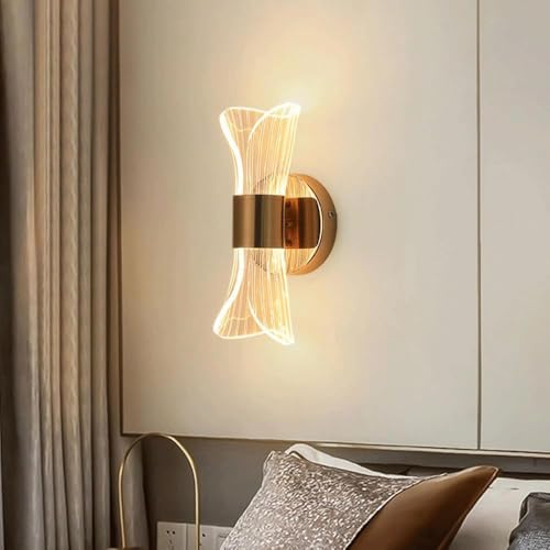 Image of SAH Modern Inbuilt LED Wall Sconce Light Gold Finish, Up and Down Wall Mounted Fixture Acrylic Shade, Decorative Indoor Wall Lamp for Living Room, Bedroom, Hallway, Bathroom (3 Lighting Mode)
