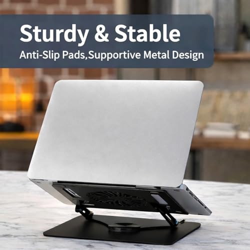 Image of EYUVAA LABEL Metal Laptop Stand with Cooling Fan & RGB Light | 360 Rotation with Adjustable Height, Compatible with 10-17 inch Laptops Stand for Gaming, Table, Office (Black)