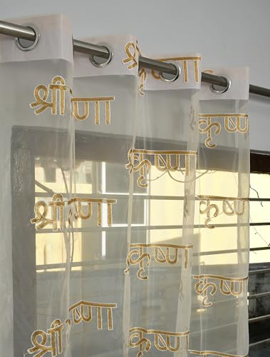 Galaxy Home Decor Premium Shri Krishna Embroidery Sheer Net Curtain for Window 6 Feet | Spiritual Mandir Temple Decor | Pack of 1, Cream
