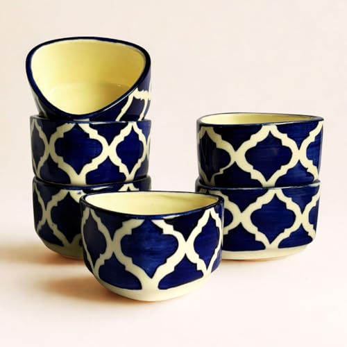 Image of Freakway Ceramic Handcrafted Bliss Dip Bowl |Blue & White |Set of 6 Stoneware Snack, Dessert & Dip Bowls for Kitchen & Dining (50 ml Each)