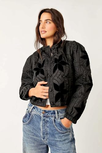 Kelabia Women's Cozy Black Cropped Quilted Puffer Jacket - Y2K Floral Embroidery - Small Size Wonder! - Image 2