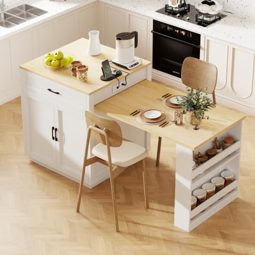 Kitchen Island with Extendable Dining, 82.7" Mobile Kitchen Storage Islands with Double-sized Storage, Rolling Kitchen Cart with Power Outlet, Cabinet & 2 Drawers & 2 Side Open Shelves (White)