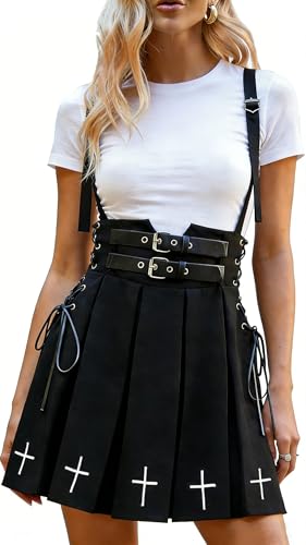 DINGJIUYAN Black Slit Skirt Goth Punk Black Pleated Skirt Goth Streetwear High Waist Buckle Lace Up Mini Skirt Harajuku Spaghetti Straps Ladies Skirts