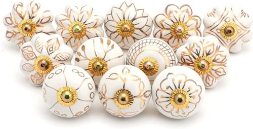 Image of Ceramic Vintage Assorted Colourful Pottery Drawer Handle Door Knobs and Pulls for Kitchen (White Gold knobs Pack of 6)