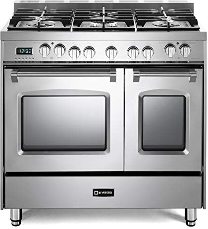 Verona VPFSGE365DSS 36" Prestige Series Freestanding Dual Fuel Range with Double Oven 5 Sealed Burners Oven Racks and Cast-Iron Grates in Stainless Steel