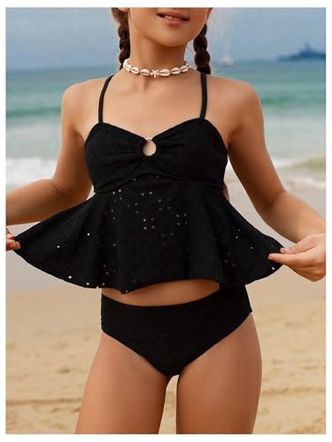 OYOANGLE Girl's 2 Piece Tankini Swimsuit Ring Linked Eyelet Embroidery Swimsuit Bathing Suit4