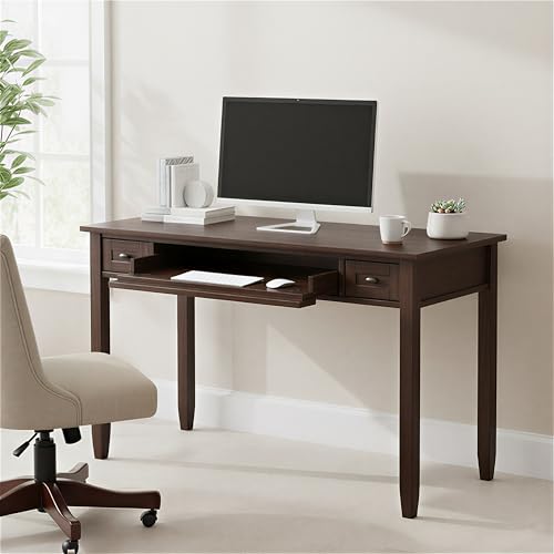 Image of SIMPLIHOME Warm Shaker Desk - 48 Inch Wide Solid Wood Writing Desk in Mocha Brown, Transitional Home Office Computer Table for Workspace or Study with Flip-Down Keyboard Tray and 2 Drawers