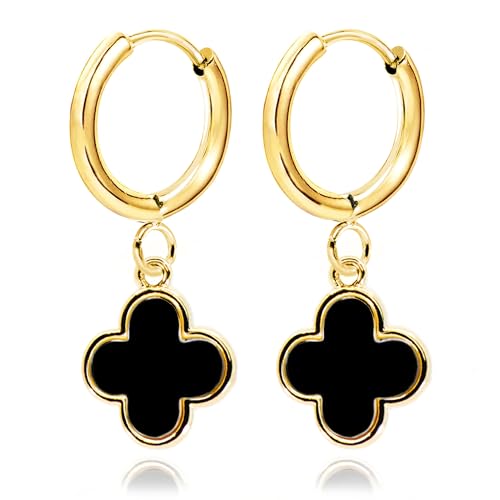 MUSEQVE Black Four Leaf Clover Earrings for Women 14K Gold Plated Onyx Stone Lucky Clover Charm Drop Dangle Huggie Hoop Jewelry Gifts [CVRE-BK-G]