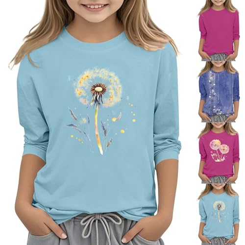 Girls Summer Shirts 3/4 Length Sleeve Crewneck Top with Floral Print, Loose Fit Cute Blouse Casual Kids Trendy Clothing2