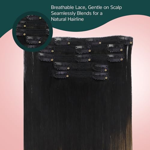 Image of Easyouth 20 Inch Clip in Extensions Human Hair Balayage Brown Ombre Black Fading to with Caramel Blonde Real Silky Straight 70g /5pcs, 2.4692 Ounce