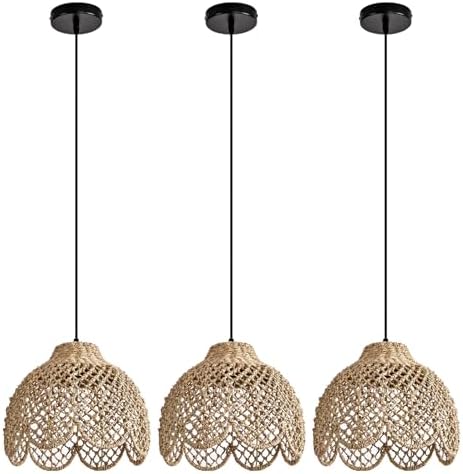 3-Pack Rattan Pendant Lights Kitchen Island, 11.8" Boho Wicker Pe...