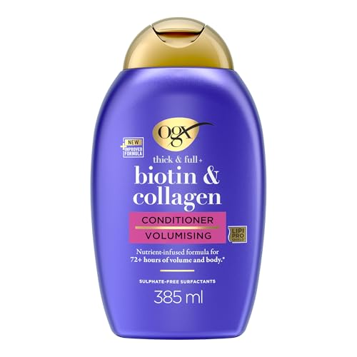 OGX – Après-Shampooing Volumateur Biotine & Collagène (flacon de 385 ml) – Soin capillaire avec formule infusée de nutriments – Après-shampooing sans sulfate pour plus de 72 heures de volume
