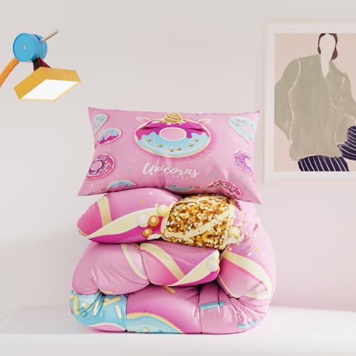 Image of Unicorn Comforter Sets for Girls Kids Adults,Pink Colorful Background for Bedroom,Decorative 3 Piece Bedding Comforter Sets with 2 Pillow Shams, Queen Size