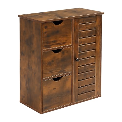 Relaxdays Badezimmerschrank, HxBxT: 80 x 60 x 30 cm, 3 Schubladen & Fächer, Beistellschrank für Bad, Flur, Küche, braun