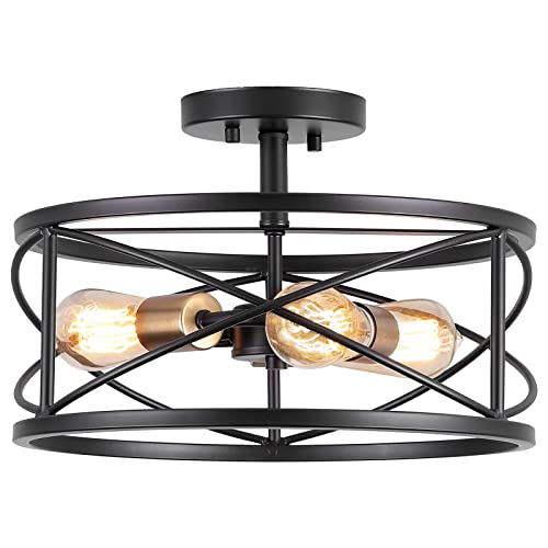 mavcadonf 3-Light Semi Flush Mount Ceiling Light, 14-inch Industrial Modern Farmhouse Lighting Fixture with Metal Cage, Oil Rubbed Bronze Finish Ceiling Lamp for Kitchen Hallway Bedroom Living Room
