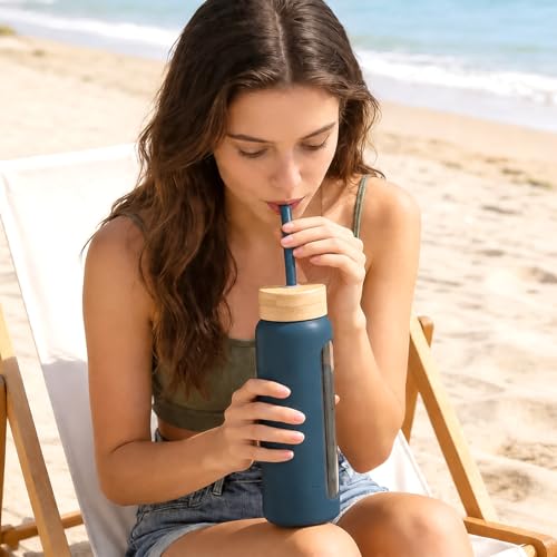 Image of 32 oz Glass Water Bottle with Straw - 2 Lids (Bamboo & Spout Lid), 1L Motivational Borosilicate Glass Daily Water Intake Bottle with Time Marker, Silicone Sleeve for Home Office-Navy Blue