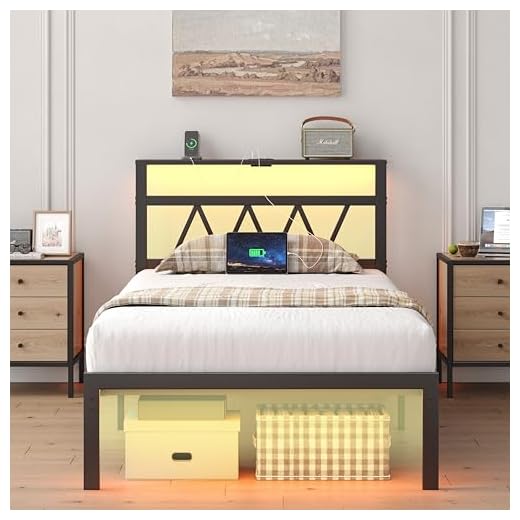 HuaYing Twin Bed Frame with Smart LED Lights, Storage Headboard and USB Charging Station,Heavy Duty Wooden Slats, No Box Spring Needed, Noise Free, Easy Assembly (Classic Black, Twin)
