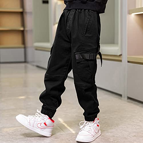 Boys Cargo Pants Cotton Casual Pants Elastic Waist Hiking School Uniform Sweatpants Joggers (Black, 10-12) #TOP1