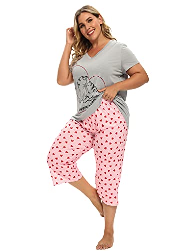 Image of Vozanet Women's Pajamas Set Soft V Neck Sleepwear Top and Capri Pj Lounge Sets Cartoon Heart Shape Cat Nighty Plus Size