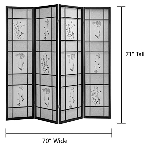 Legacy Decor 3 Or 4 Panel Floral Accented Screen Room Divider, Wood Frame, Shoji Paper (4 Panel, White) #TOP4
