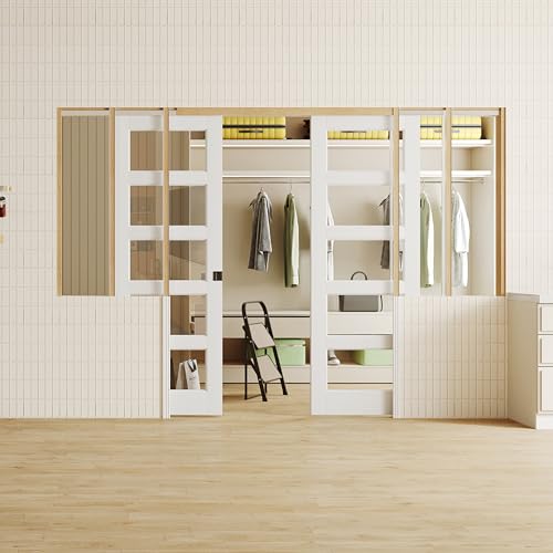 Image of Sliding Pocket Door with Lock, 48 inch x 80 inch, 5-Lite Clear Tempered Glass Pocket Doors with Frame and Hardware Kit Set, Interior Door Slab, White Primed - No Panel Assembly Required