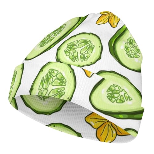 Cartoon Cucumber and Flower Pattern Kids Beanie Hat for for Girls Boys Children Cap Winter Knitted Chemo Cancer Headwear Accessories Gifts Decoration Black
