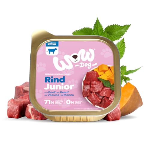WOW Dog Welpen-Nassfutter mit Rind | für Junior Hunde, mit hohem Fleischanteil, getreidefrei | 150 g / 22er Pack