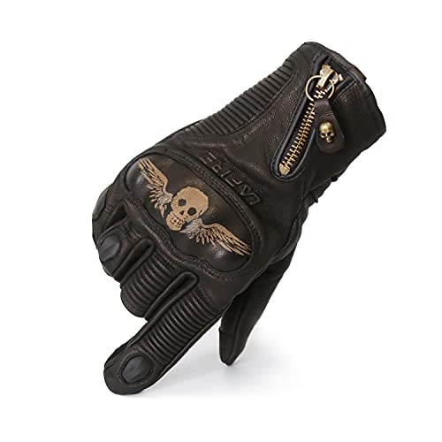 Retro Motorcycle Goat Leather Gloves, Spring&Summer Full Finger Touch Screen Punk Style Motorbike Gloves with Skull Logos(Black,Large)