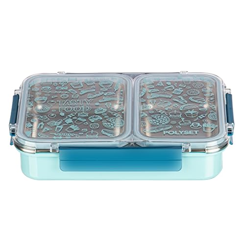 Image of Polyset Munch Mate 800 2 PARTITION - Blue Compartment Stainless Steel Lunch Box, Leakage Proof Lunch Box for School Kids and Adults Pack of 1 800ml
