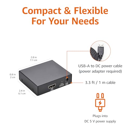 Amazon Basics HDMI Splitter 1 in 2 Out for Dual Monitors, 4K@30Hz, 1080P, Mirror Only, Black