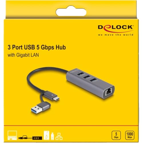 Hub Delock 3 ports 5 Gbps Gigabit LAN USB CA boitier métal - vue 5
