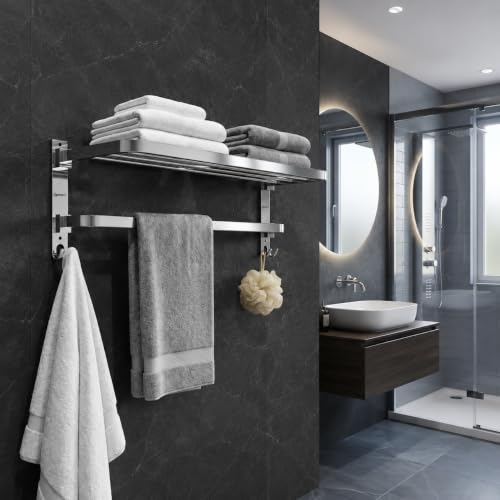 Image of GRIVAN Stainless Steel Folding 18-Inch Towel Rack for Bathroom with Movable Hooks | Chrome Towel Rack Stand - Bathroom Hangers for Clothes (Silver, Pack of 1)