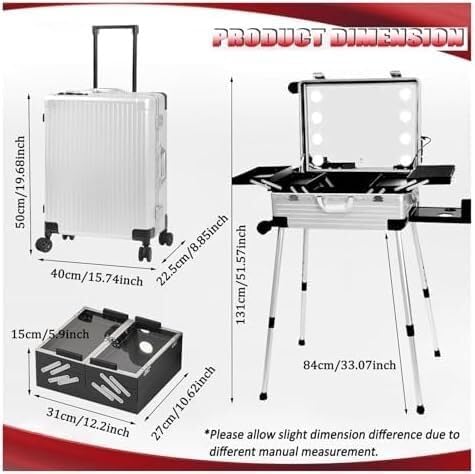 Miniatura 2 de Maletín De Maquillaje Con Ruedas, Maletín De Maquillaje Profesional De Aluminio Con Luces Led, Estuche De Viaje Para Maquillaje, Altura Ajustable,