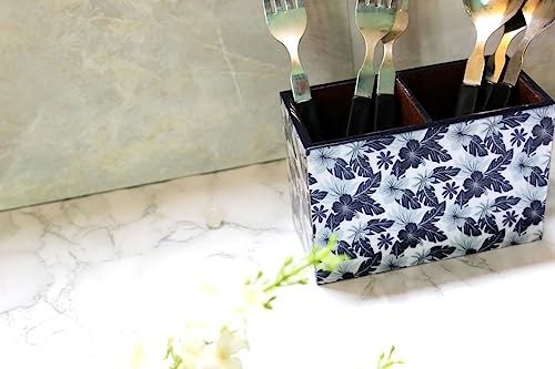 Image of Monstera Hut Premium MDF Wooden Cutlery Holder Kitchen Organizer Spoon Stand Accessories Caddy, Rectangular | 2 Compartment | Wooden Storage Organiser | (15x7x10cm)