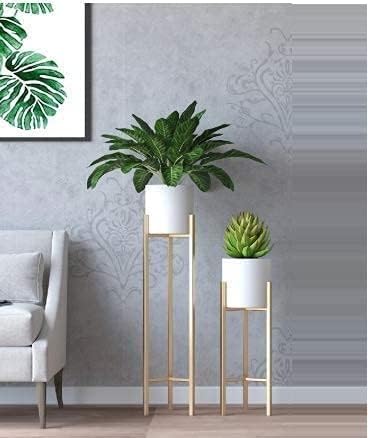 Image of Iron Metal Tall Plant Stand with Pot| Indoor Outdoor Plant Stand| Modern Golden Tall Planter Stand Set of 2 (White /Gold) (BLACK)