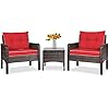 Tangkula 3 Piece Outdoor Patio Furniture Set, Wicker Chairs Set with Glass Top Coffee Table, Thick Cushions, All Weather Garden Lawn Poolside Backyard Porch Furniture Set for 2 (Red)