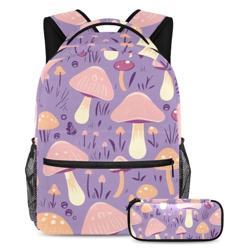 Cartables motif champignon violet avec trousse pour filles et garçons de 29x20x40cm